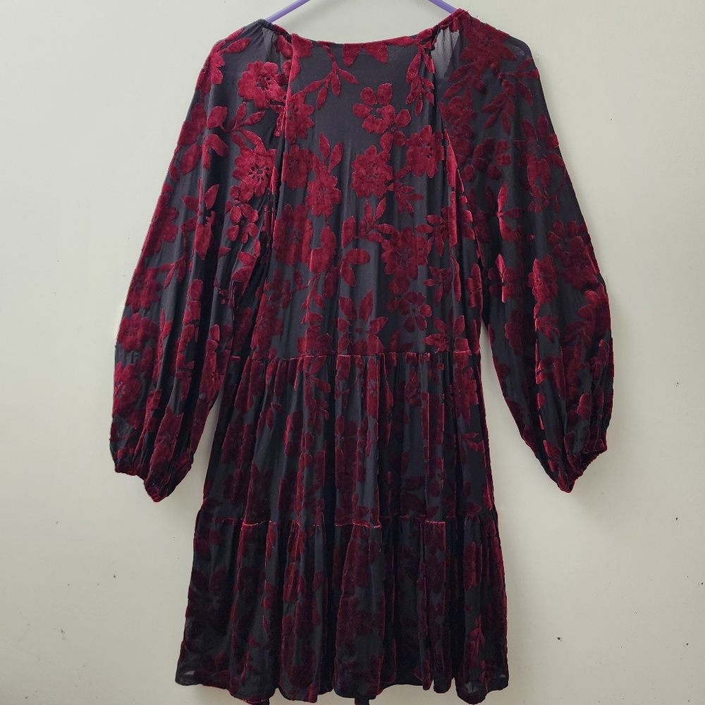 Taylor Black & Red Velvet Burnout Tiered Dress 16 Whimsigoth Witchy Dark Fairy - Picture 8 of 12